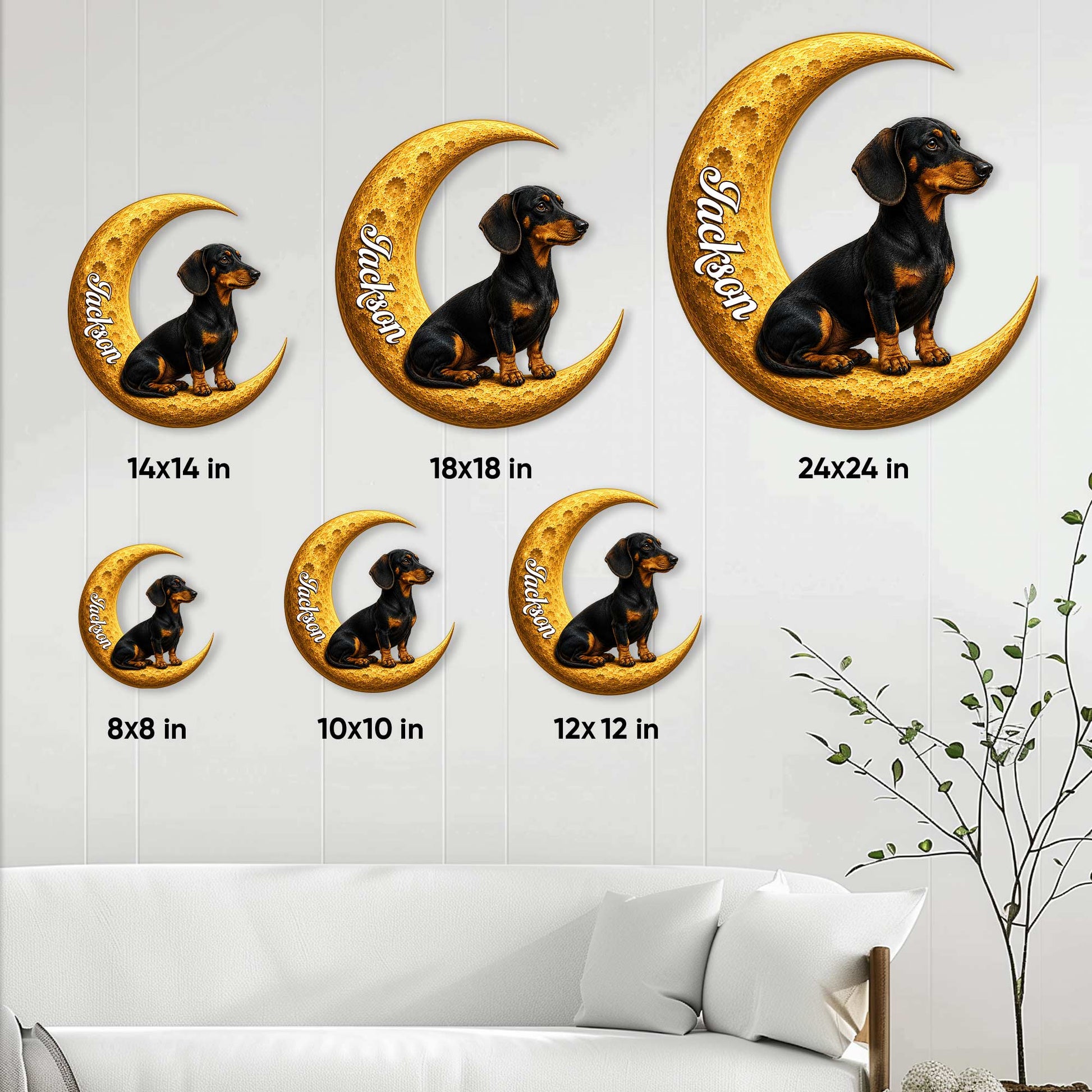 Dachshund crescent moon metal sign shown in multiple size options for home wall decor