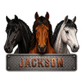 Custom horse metal sign featuring three detailed horse portraits above a diamond-plate style nameplate