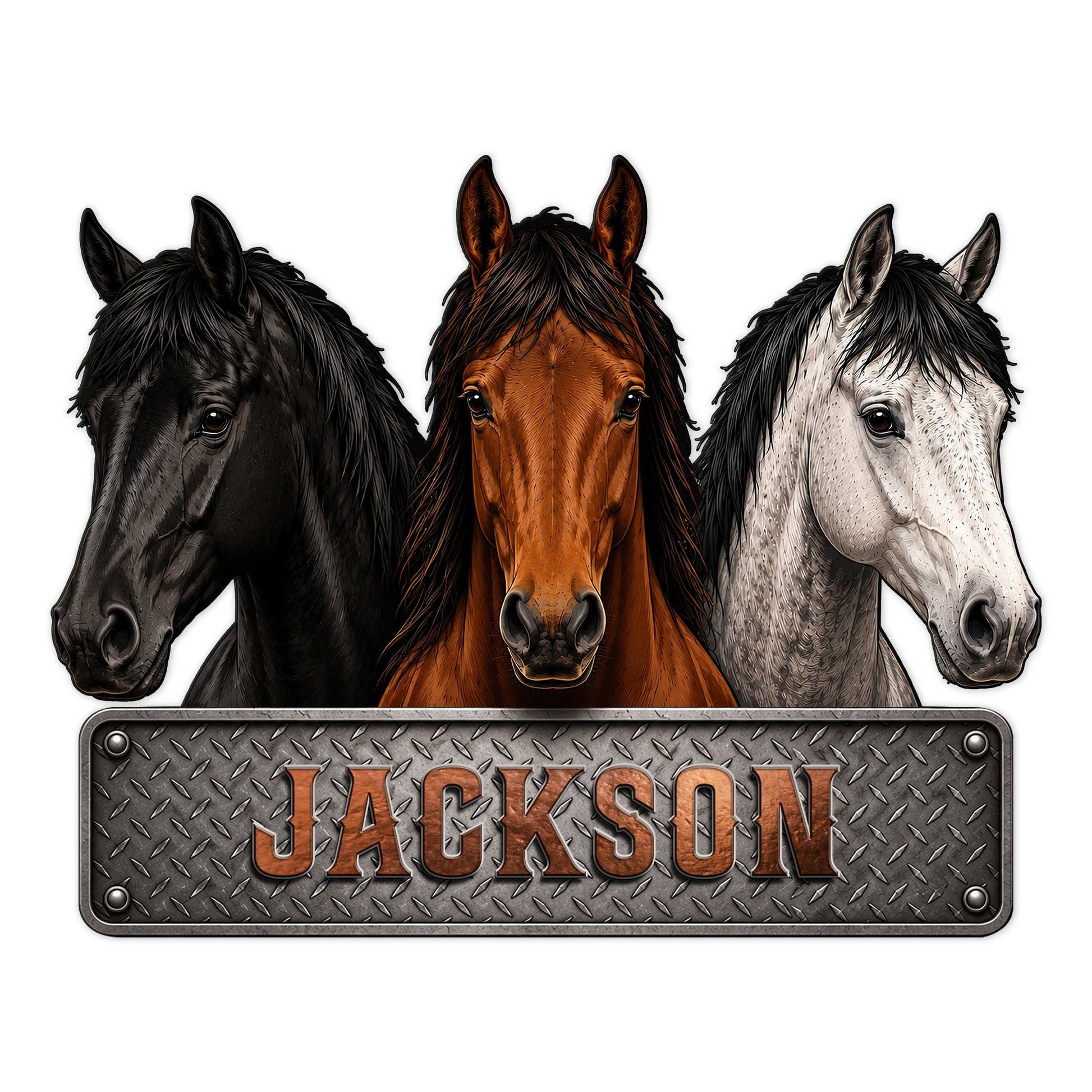 Custom horse metal sign featuring three detailed horse portraits above a diamond-plate style nameplate