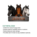 Horse metal sign feature presentation showing three horse portraits and a rugged cut-metal sign design