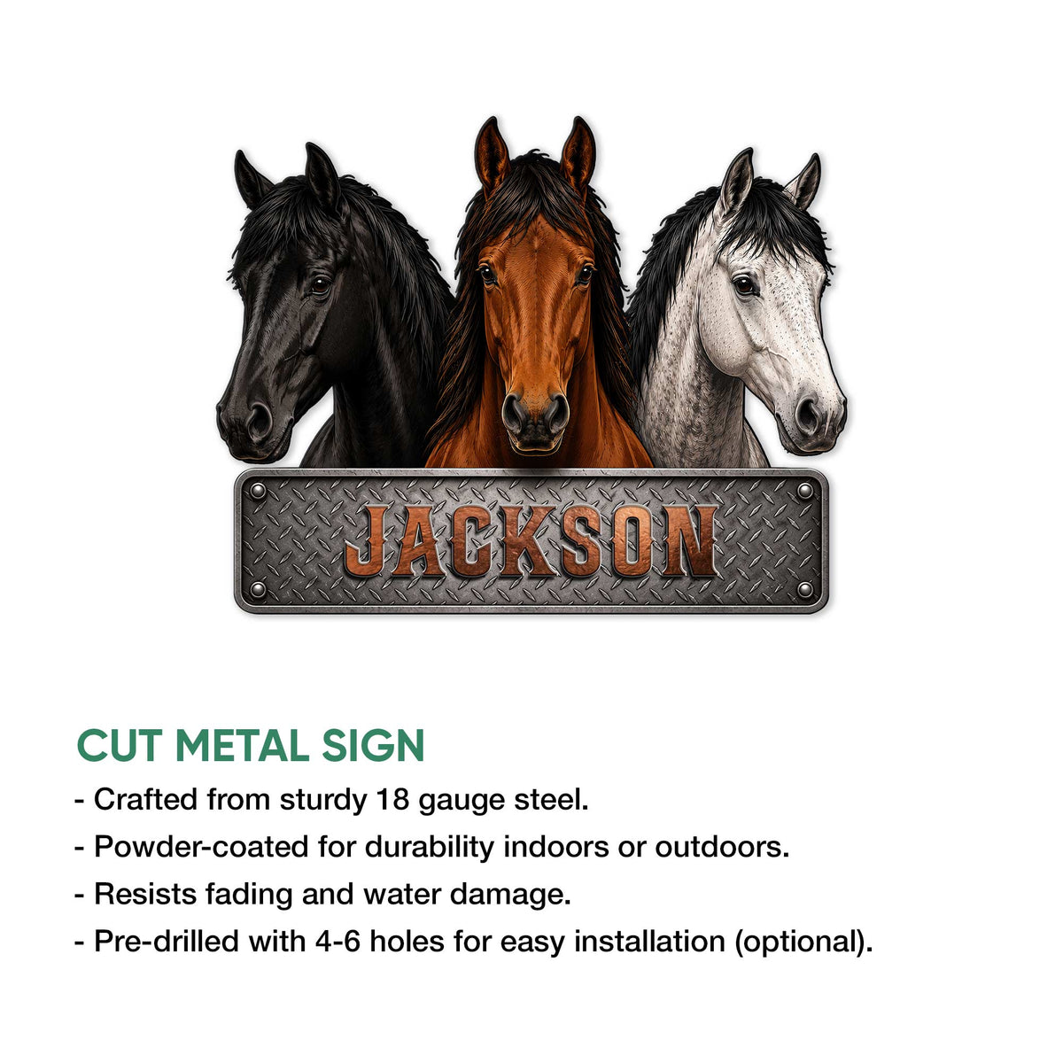 Horse metal sign feature presentation showing three horse portraits and a rugged cut-metal sign design