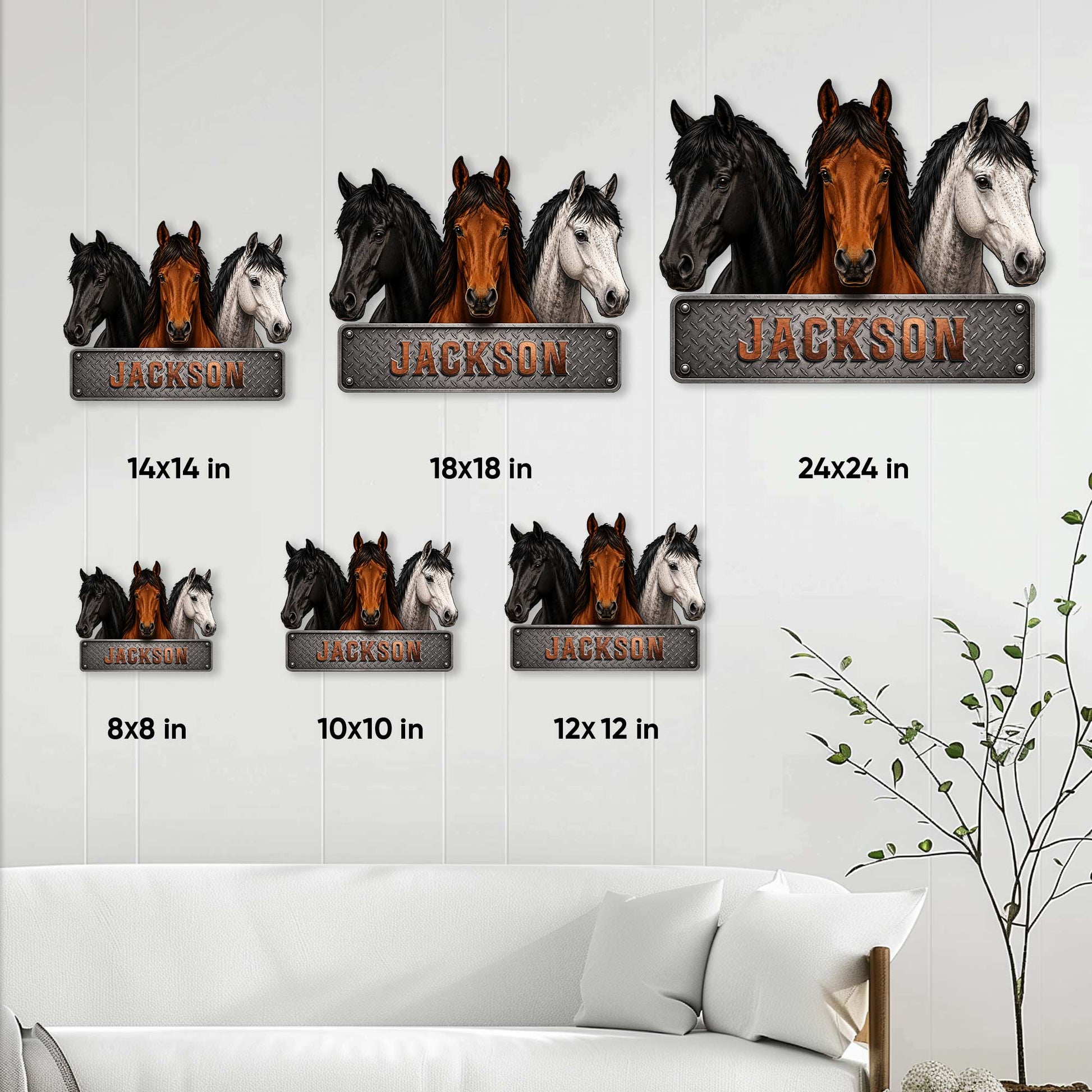 Horse metal sign size guide showing available square sizes from 8 by 8 to 24 by 24 inches