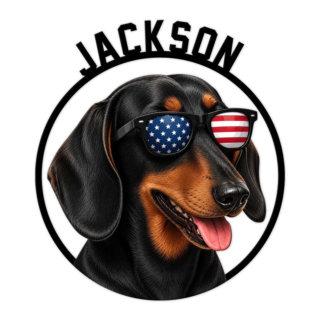 Custom dachshund metal sign featuring a cheerful black and tan dog wearing American flag sunglasses