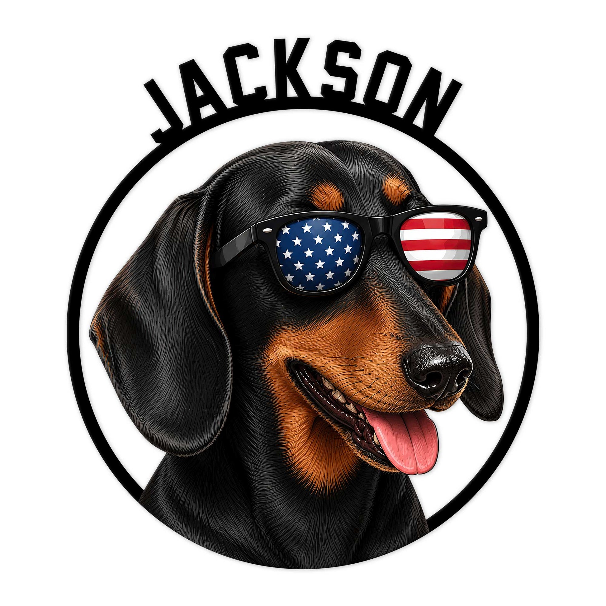 Custom dachshund metal sign featuring a cheerful black and tan dog wearing American flag sunglasses