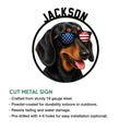 Dachshund metal sign product feature showing a patriotic dog portrait and cut metal wall decor design