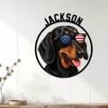 Dachshund wall sign displayed on a white paneled wall as playful patriotic dog decor