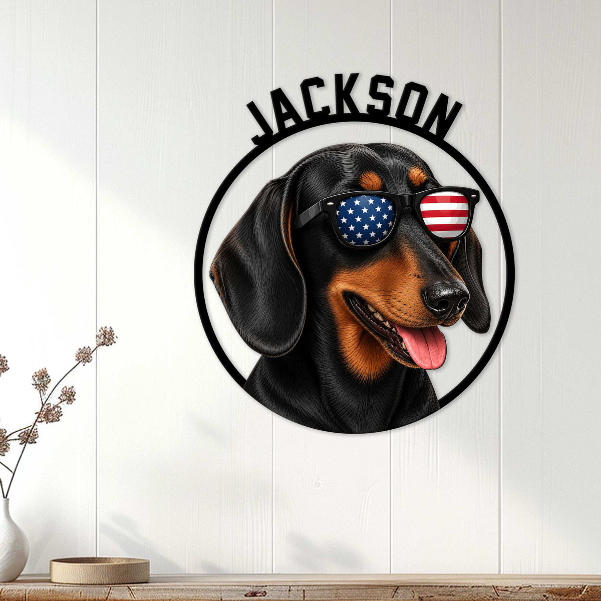 Dachshund wall sign displayed on a white paneled wall as playful patriotic dog decor