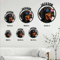 Dachshund metal sign size guide showing available round sizes from 8 by 8 to 24 by 24 inches