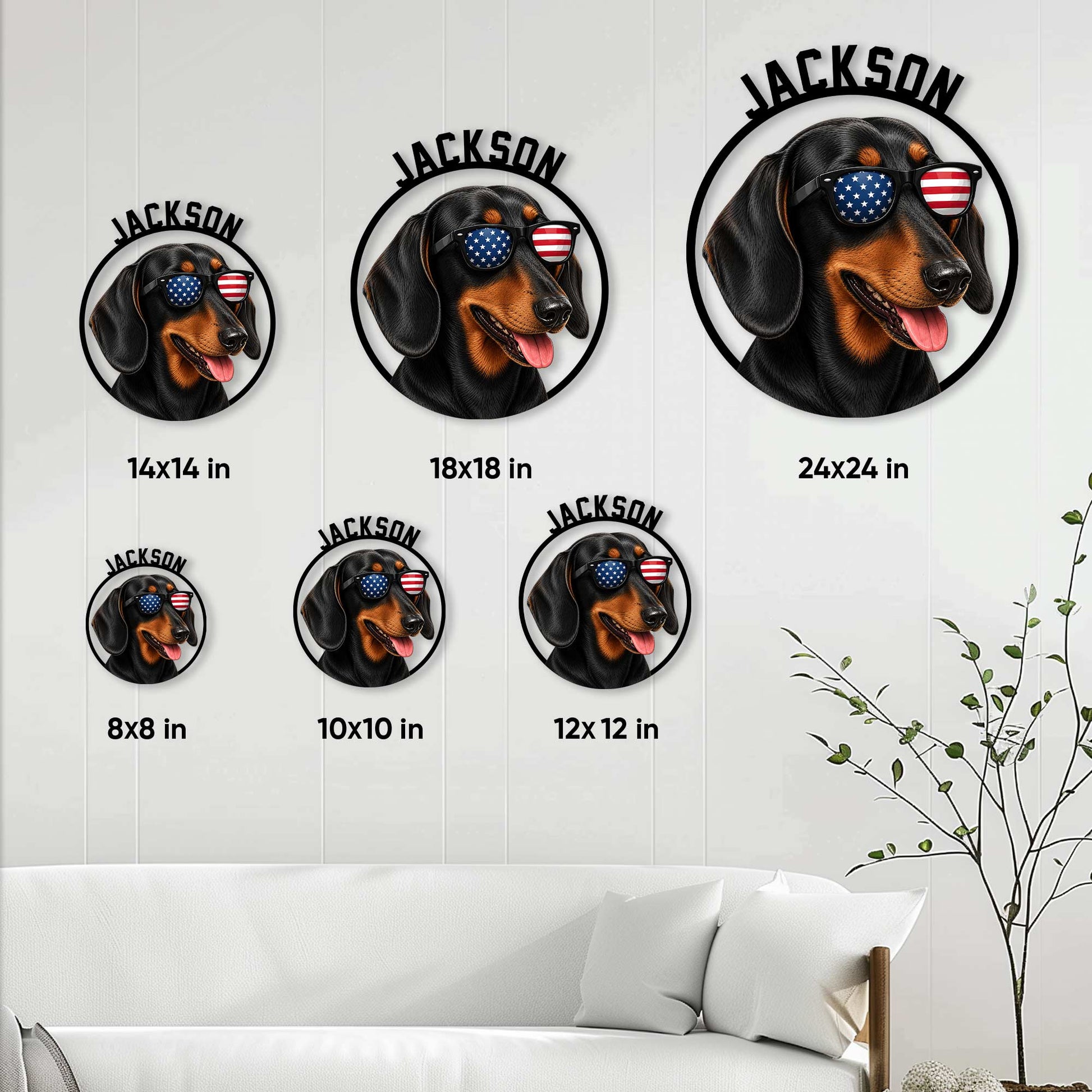 Dachshund metal sign size guide showing available round sizes from 8 by 8 to 24 by 24 inches