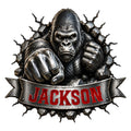 Custom gorilla metal sign featuring a powerful silverback breaking through rock with a bold banner