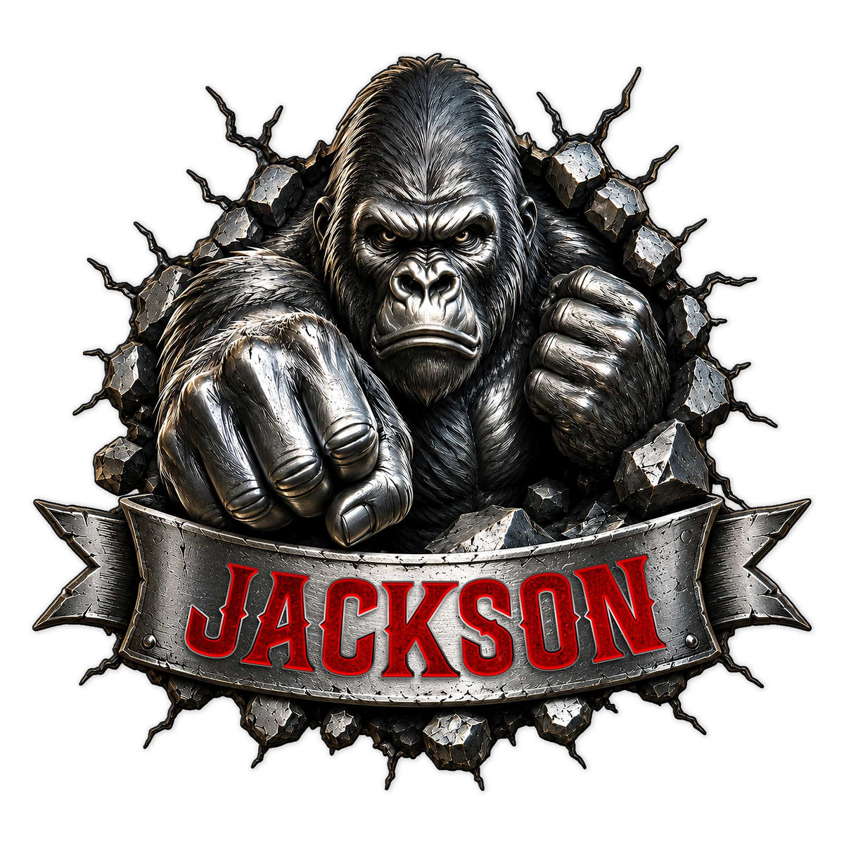 Custom gorilla metal sign featuring a powerful silverback breaking through rock with a bold banner