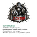 Gorilla metal sign product feature graphic showing a dramatic silverback design and cut metal sign details