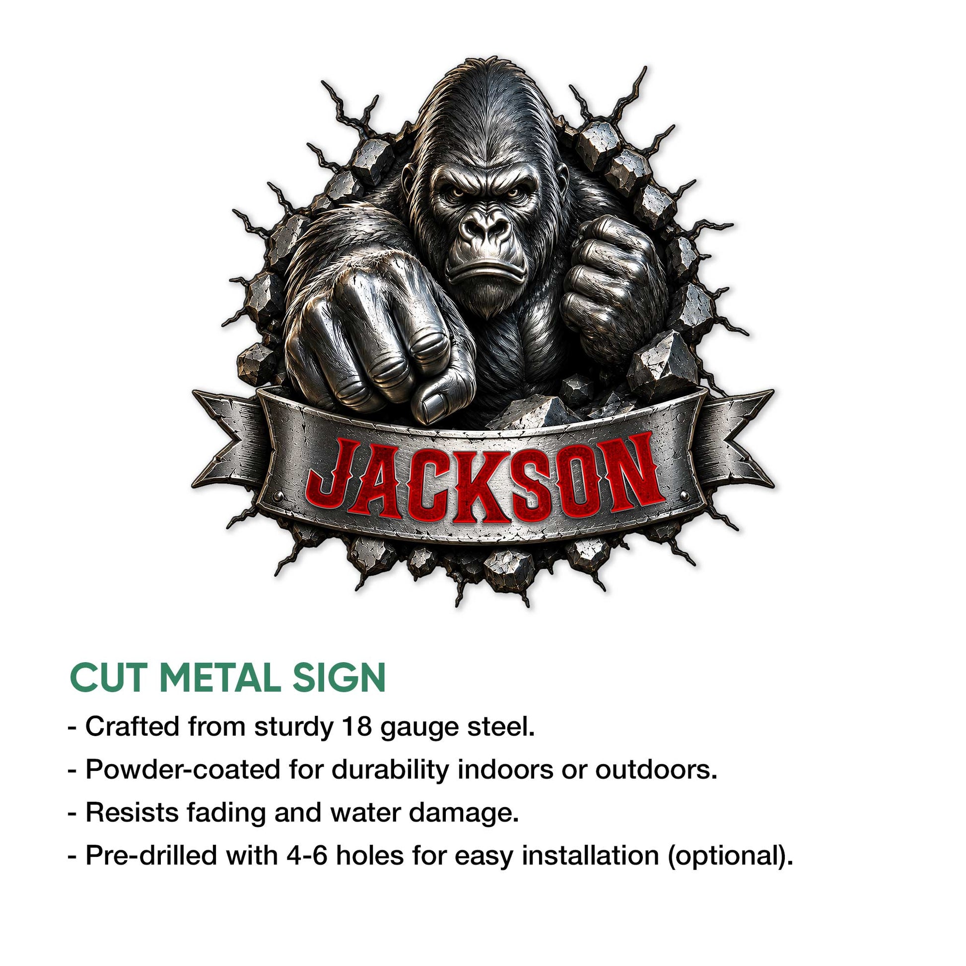 Gorilla metal sign product feature graphic showing a dramatic silverback design and cut metal sign details