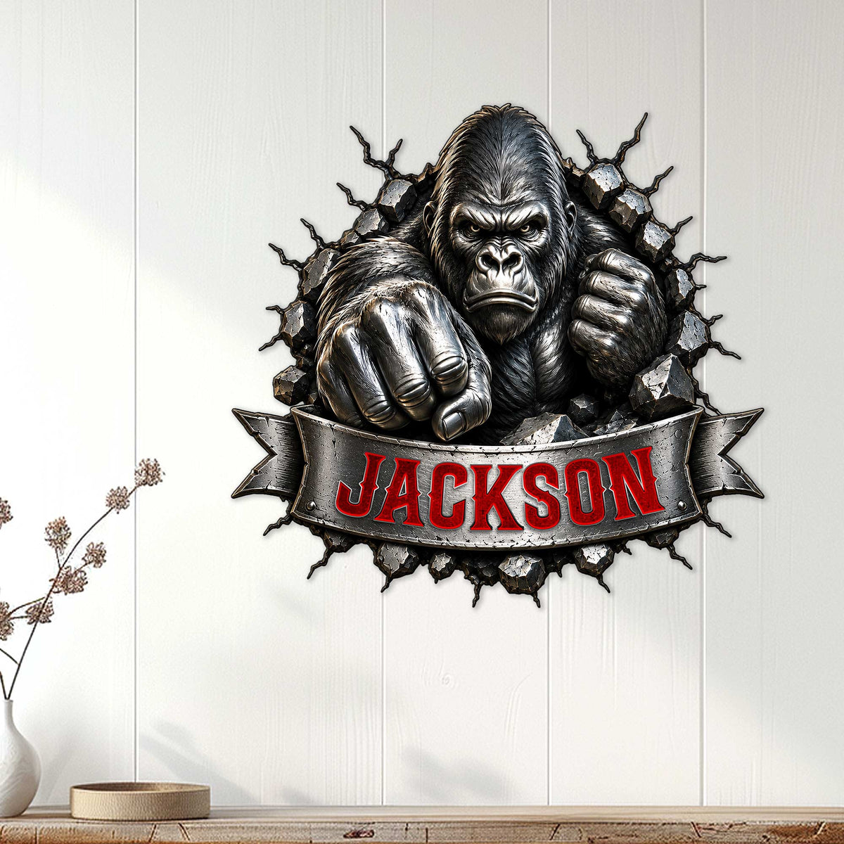 Gorilla wall sign displayed on white paneling as bold wildlife decor for a home or personal space
