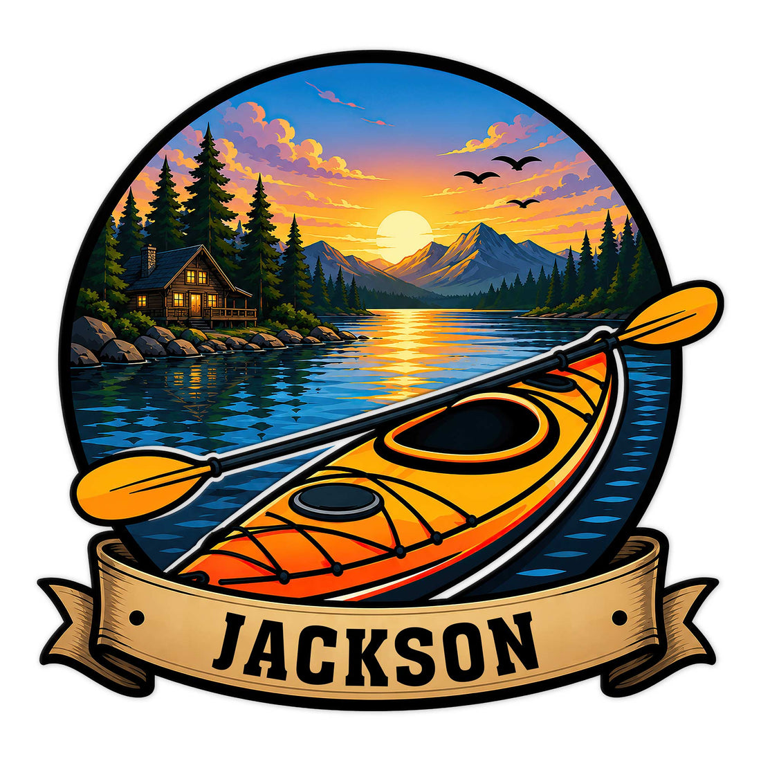 Custom kayak metal sign featuring an orange kayak on a mountain lake at sunset with a forest cabin backdrop