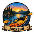 Custom kayak metal sign featuring an orange kayak on a mountain lake at sunset with a forest cabin backdrop