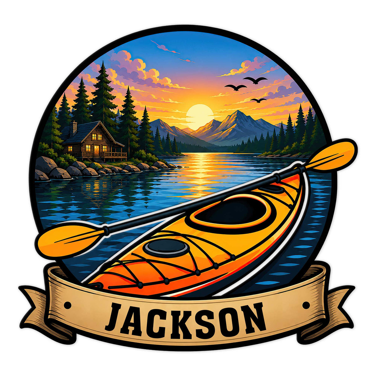 Custom kayak metal sign featuring an orange kayak on a mountain lake at sunset with a forest cabin backdrop