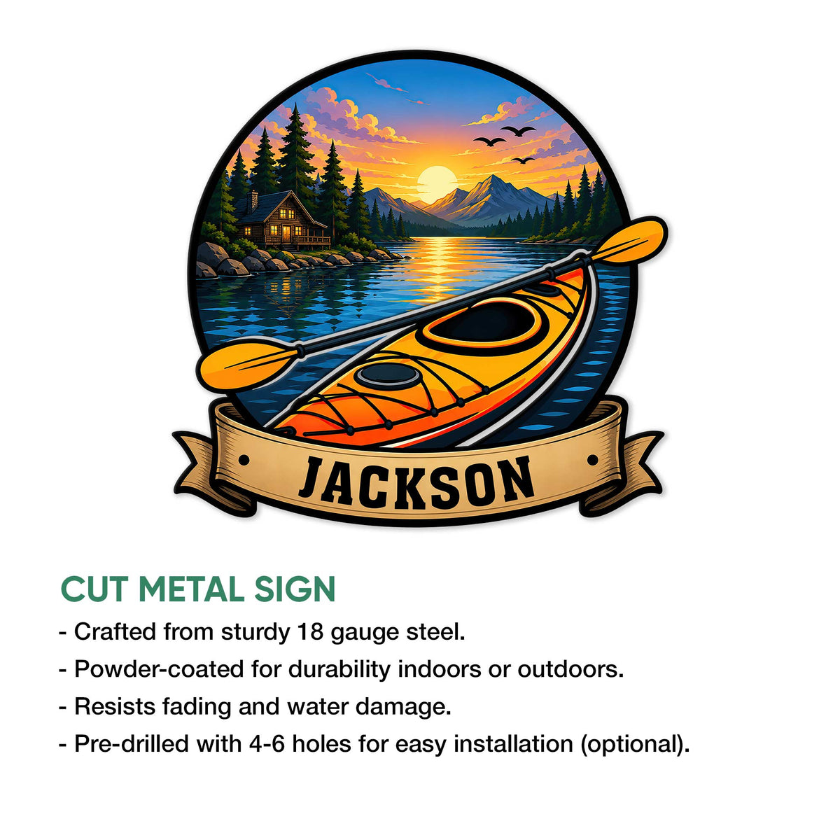 Kayak metal sign product graphic showing a sunset lake scene, orange kayak, and cut metal sign details