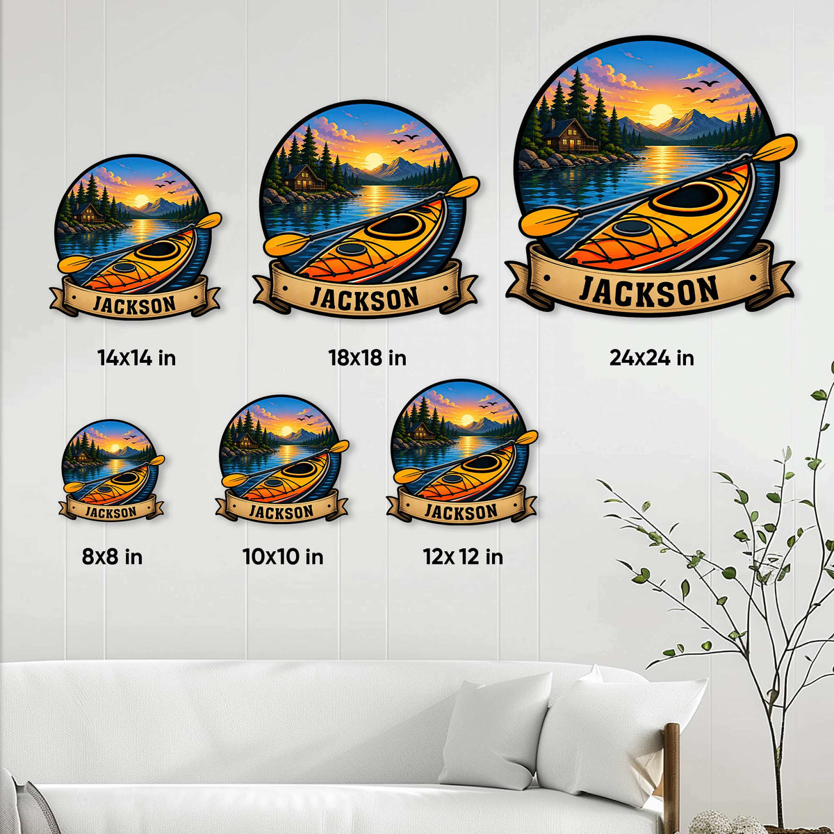 Kayak metal sign size guide showing multiple square size options displayed in a bright living room