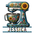 Floral stand mixer metal sign with sunflowers, colorful flowers, and a vintage stained-glass baking design