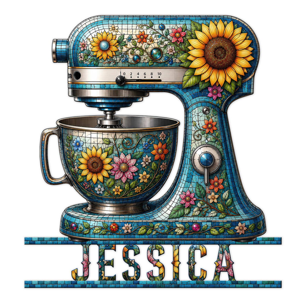 Floral stand mixer metal sign with sunflowers, colorful flowers, and a vintage stained-glass baking design