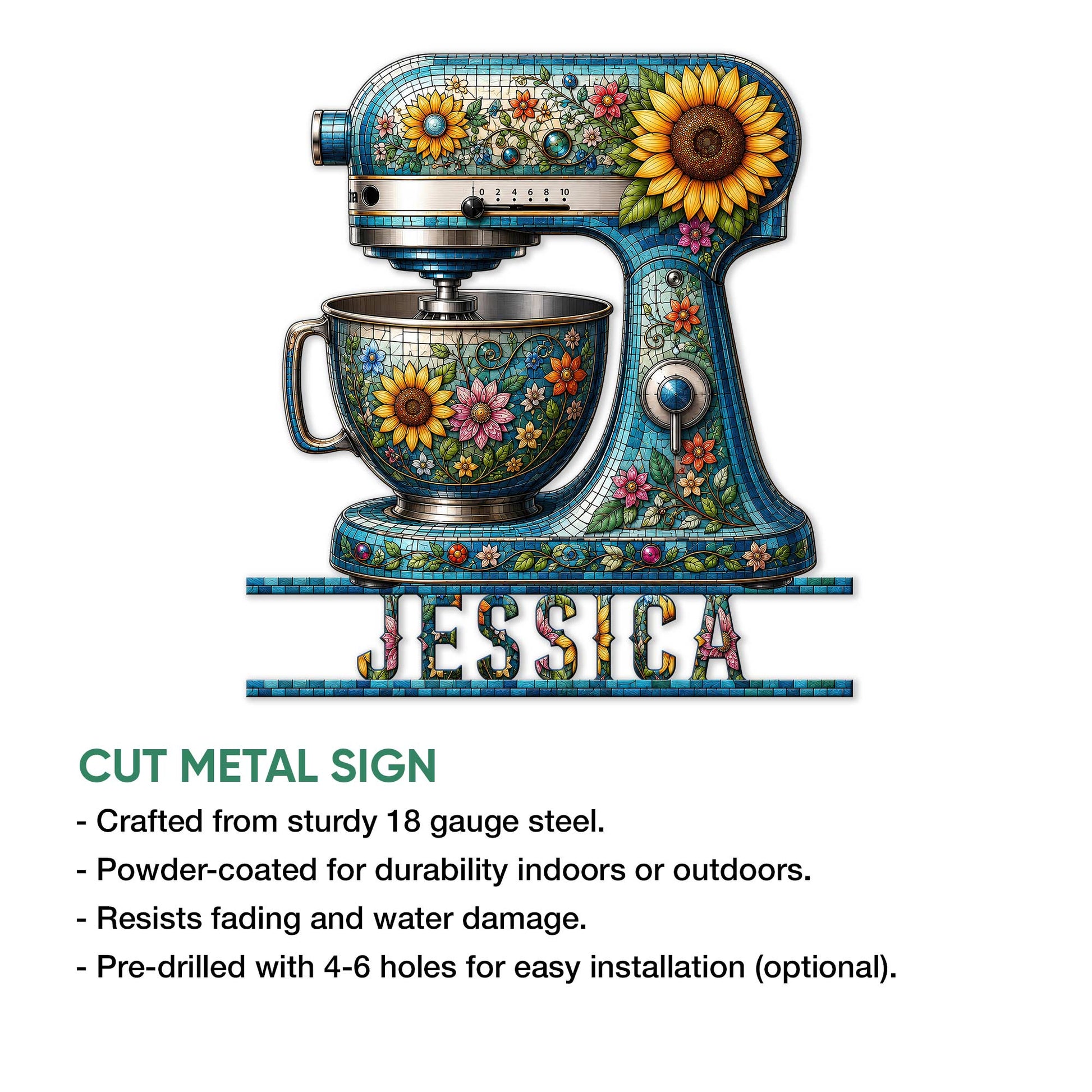 Decorative baking sign featuring a flower-covered stand mixer in a colorful stained-glass inspired style