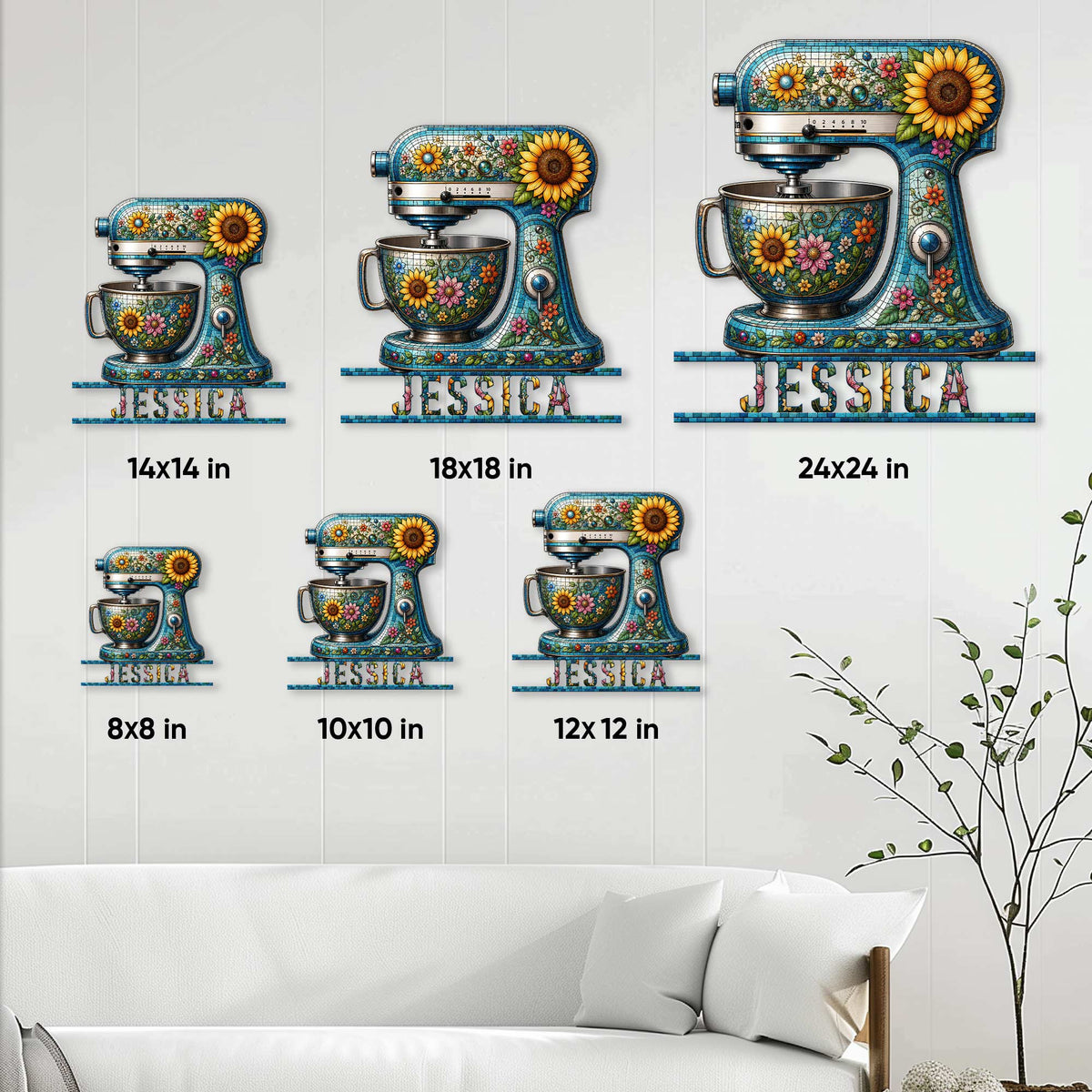 Baking sign size guide showing floral stand mixer designs in 8, 10, 12, 14, 18, and 24 inch options