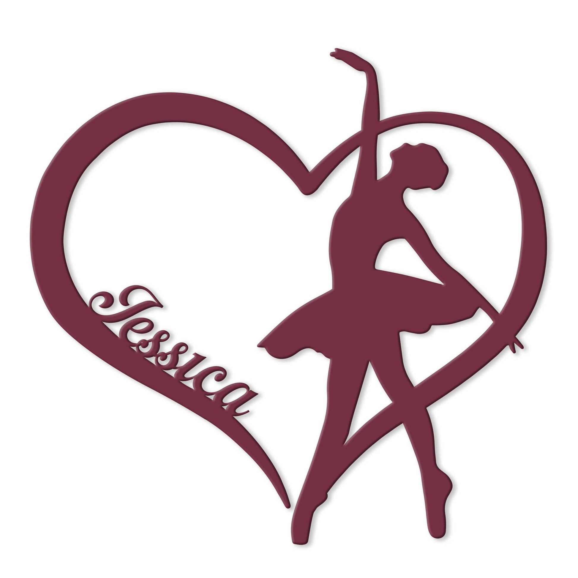 Close-up of a maroon heart-framed ballerina silhouette showing the graceful ballet wall art design