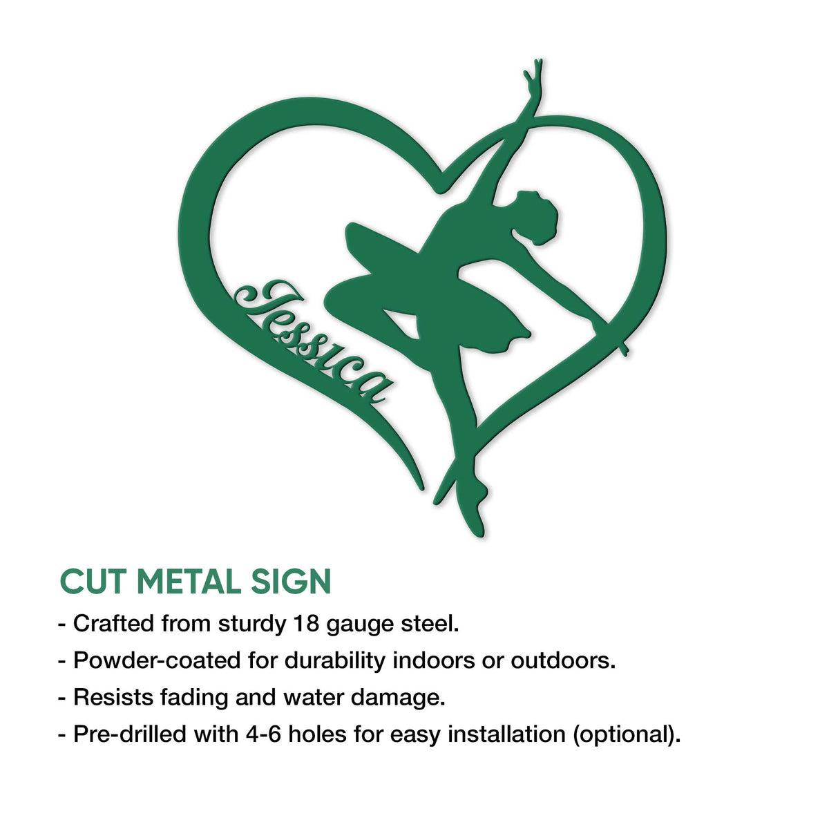 Green heart-shaped ballet sign with a graceful ballerina silhouette and cut-metal sign feature details