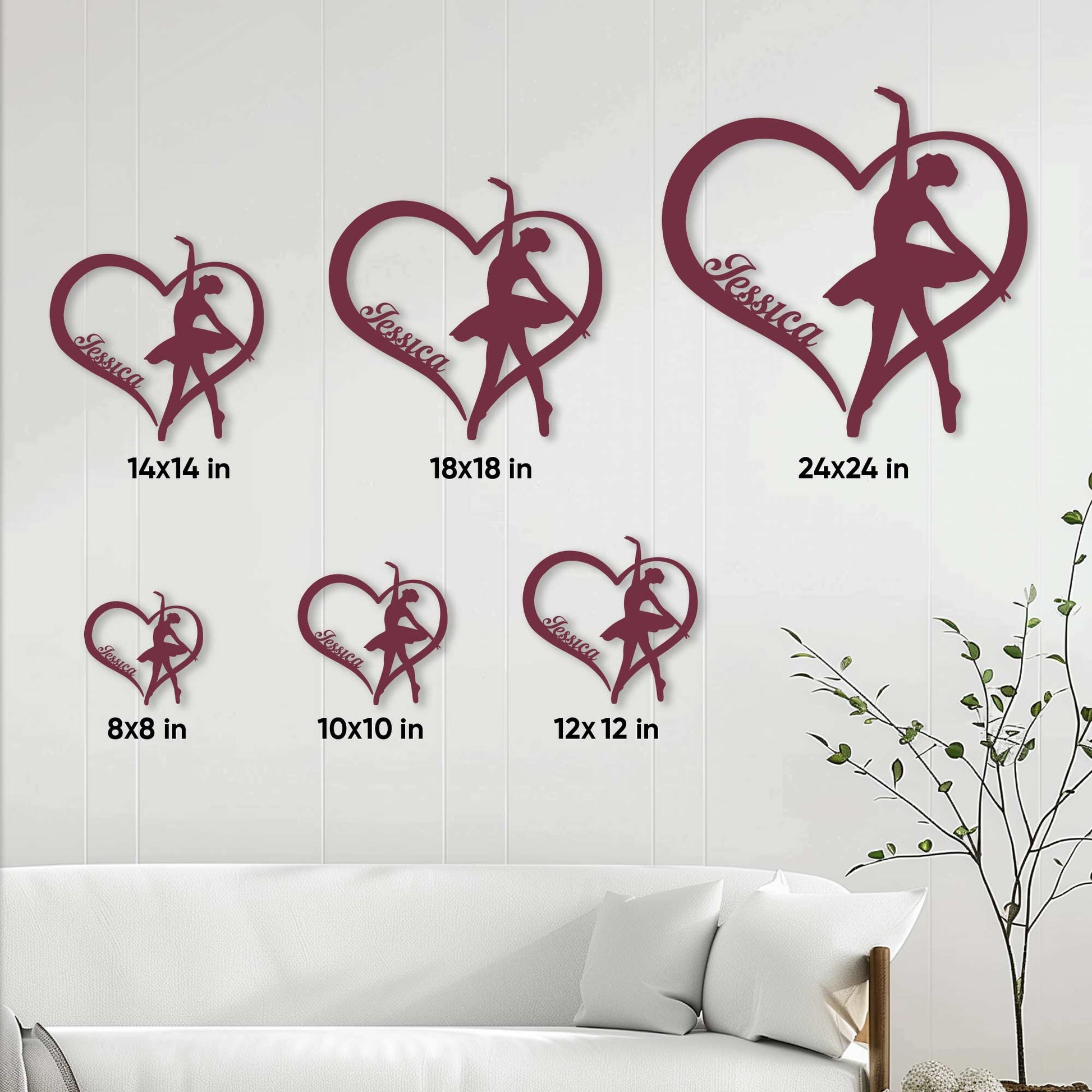 Ballet metal sign displayed above a sofa with size options ranging from 8 by 8 to 24 by 24 inches