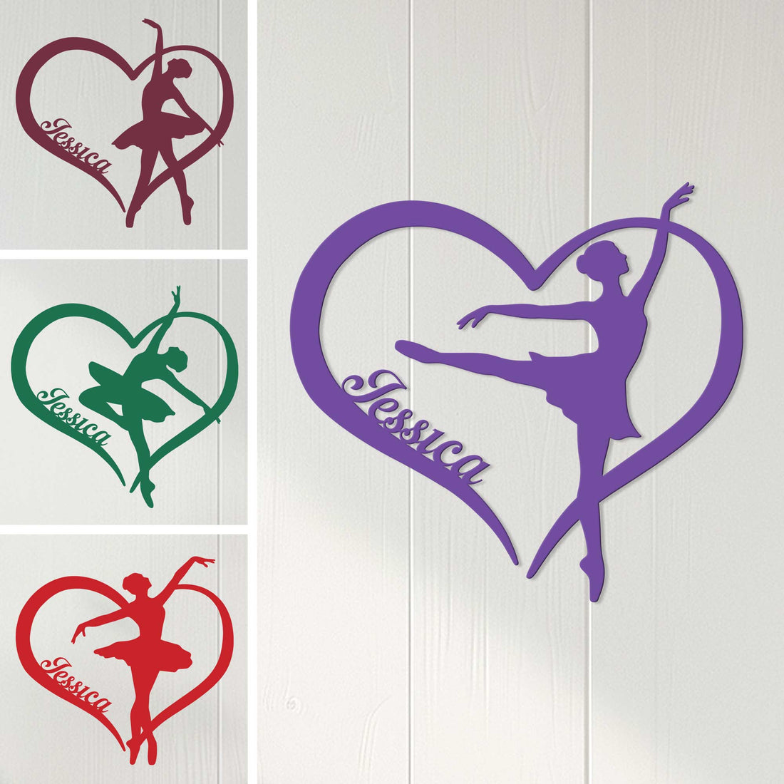 Heart-shaped ballet metal sign featuring a ballerina silhouette in multiple color options on a light wall
