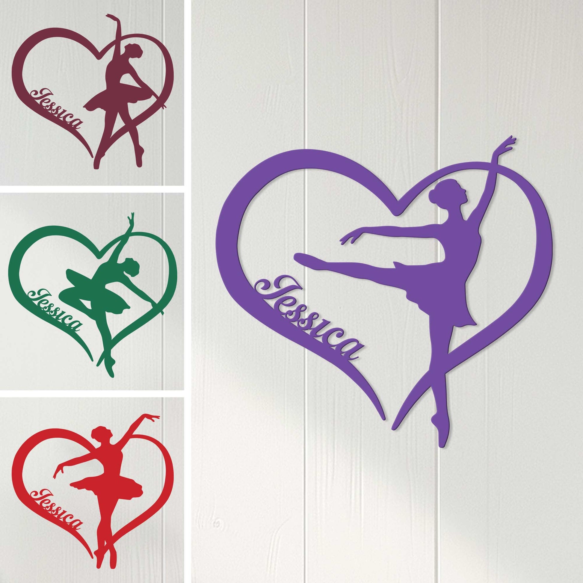 Heart-shaped ballet metal sign featuring a ballerina silhouette in multiple color options on a light wall