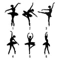 Ballerina silhouette style selection guide displaying six alternative ballet poses for the metal sign