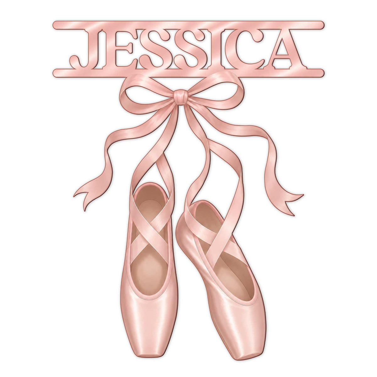 Custom ballet metal sign featuring pink pointe shoes and a flowing satin bow