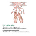 Ballet shoe metal sign shown with cut-metal construction details and a graceful pink design