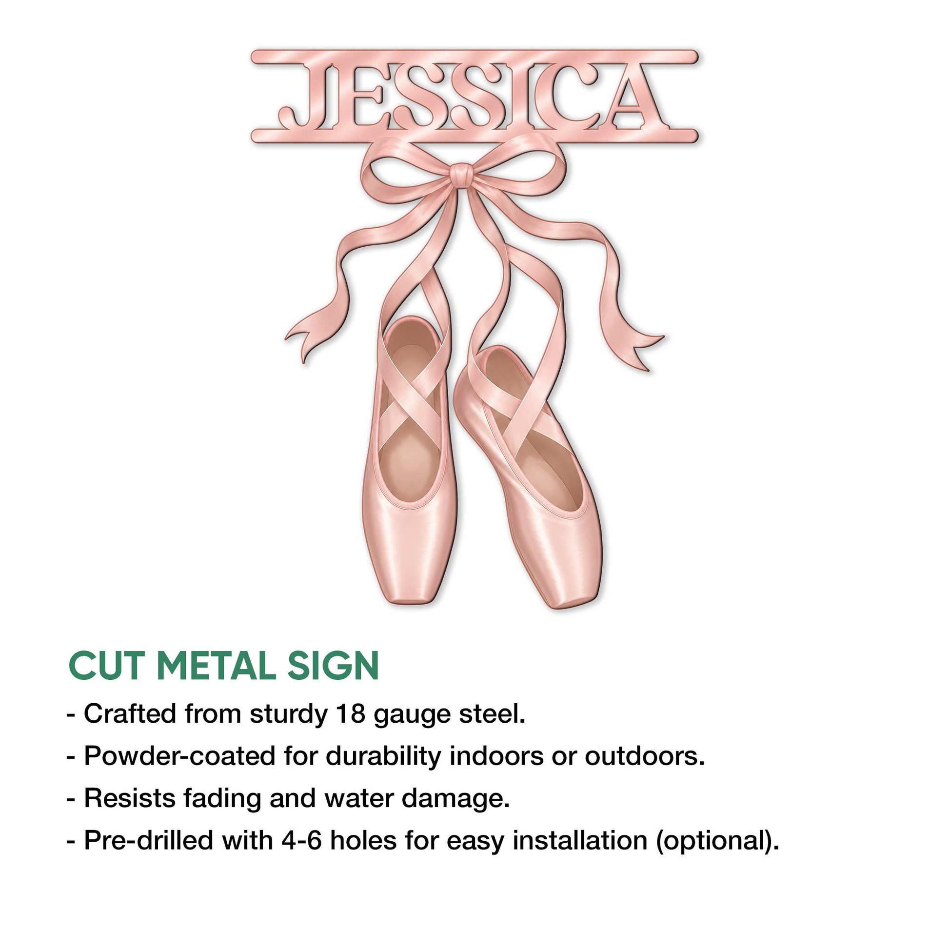 Ballet shoe metal sign shown with cut-metal construction details and a graceful pink design