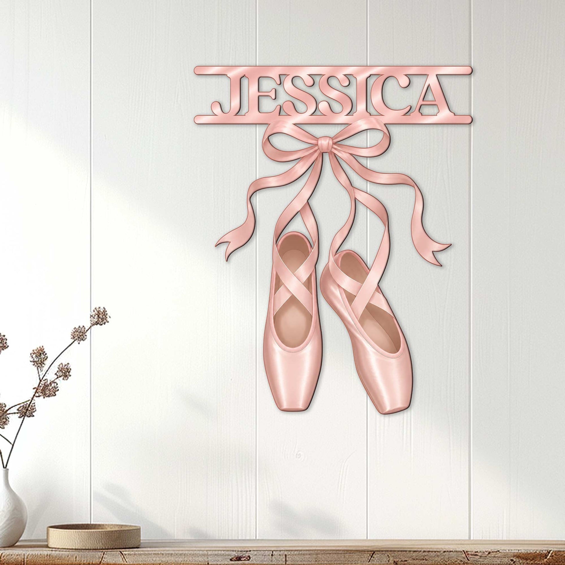 Pink pointe shoe wall sign displayed on a light paneled wall in an elegant room