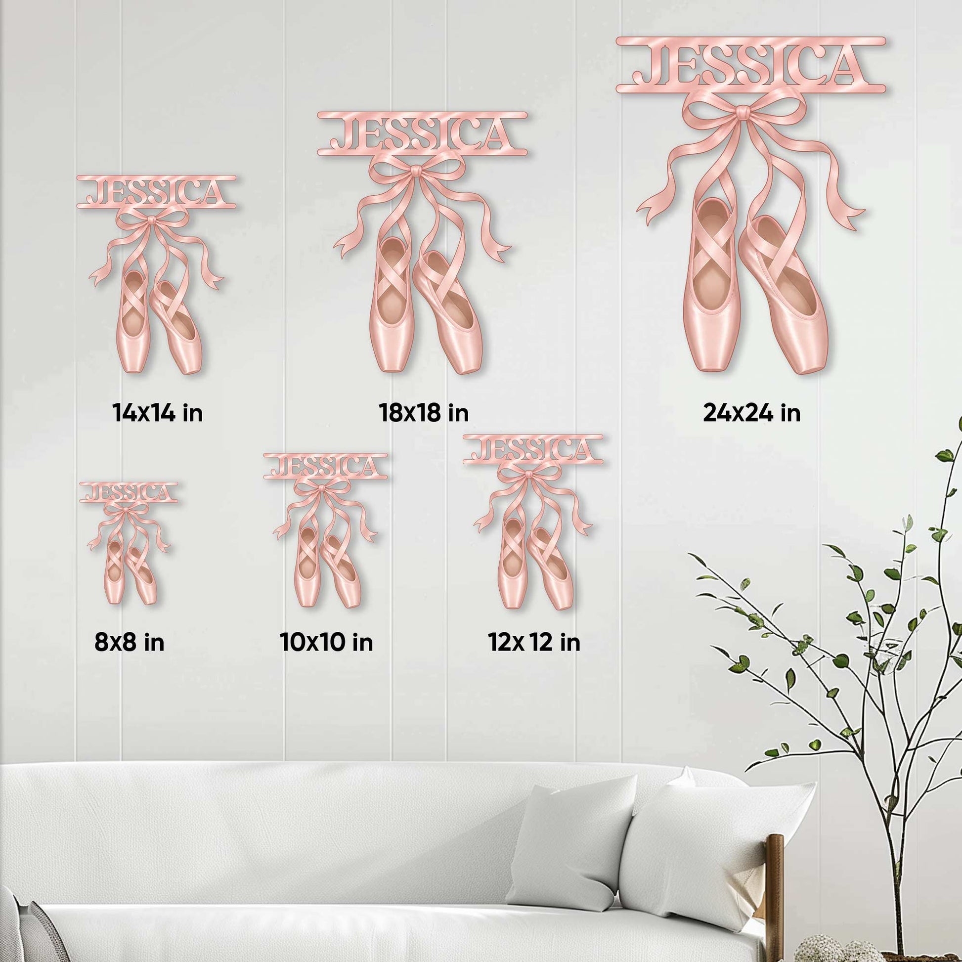 Ballet metal sign size guide showing available square sizes from 8 by 8 to 24 by 24 inches