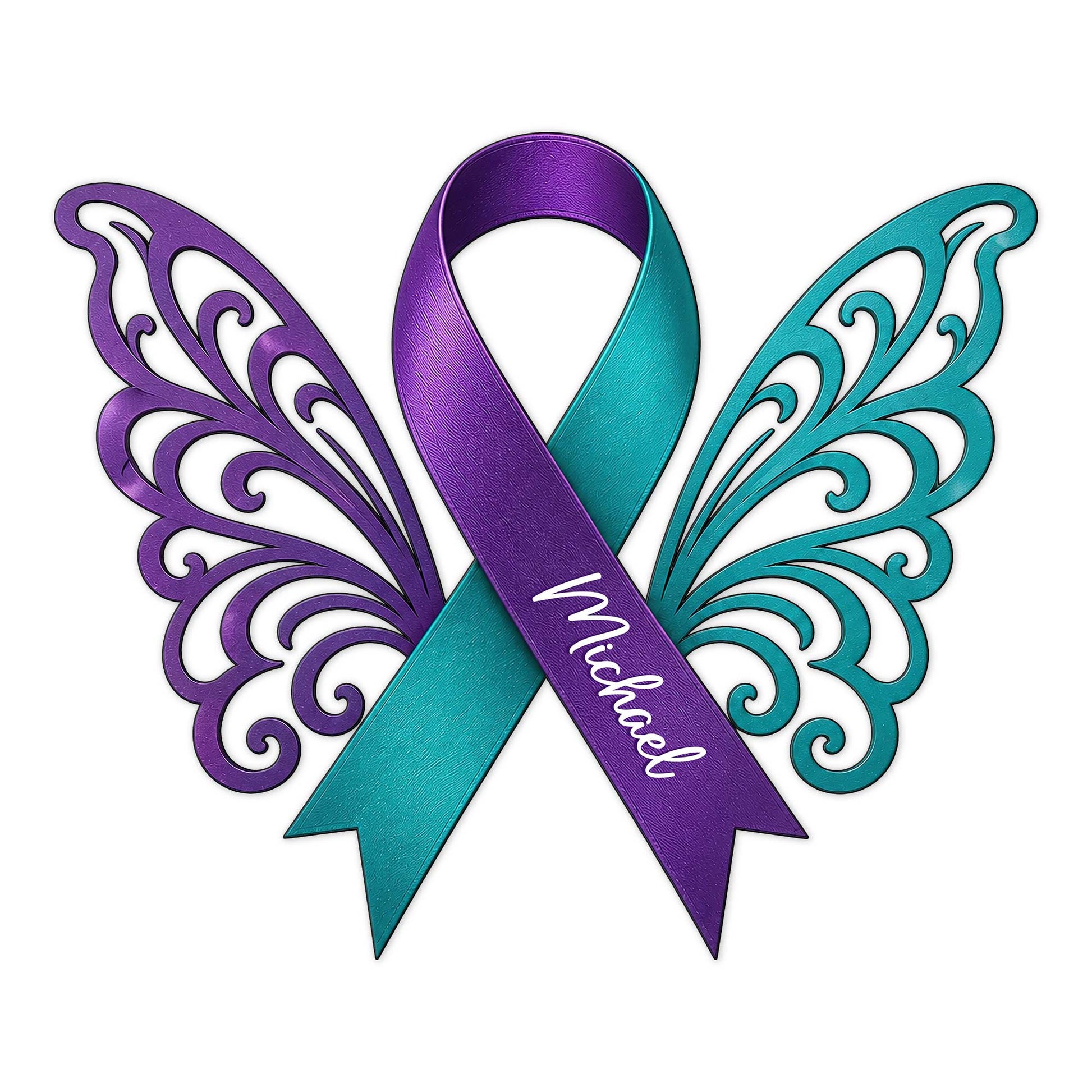 Purple and teal suicide prevention awareness ribbon metal sign with ornate wing details