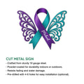 Suicide prevention awareness ribbon metal sign feature graphic showing cut-metal construction and display details