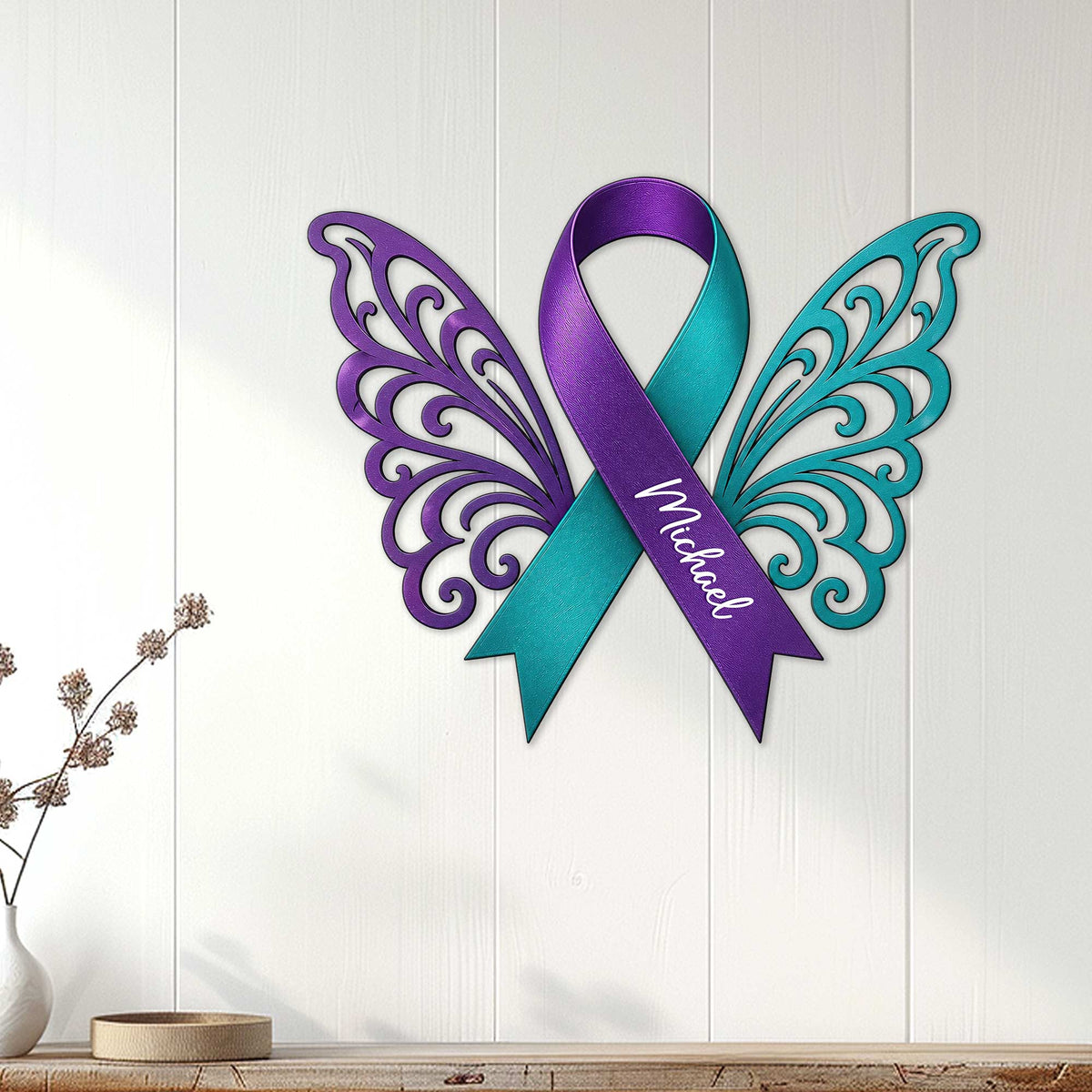 Winged purple and teal suicide prevention ribbon sign displayed as meaningful wall decor in a home