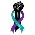 Suicide prevention metal sign featuring a raised fist surrounded by teal and purple awareness ribbons