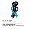 Suicide prevention awareness ribbon metal sign shown with cut metal sign feature details
