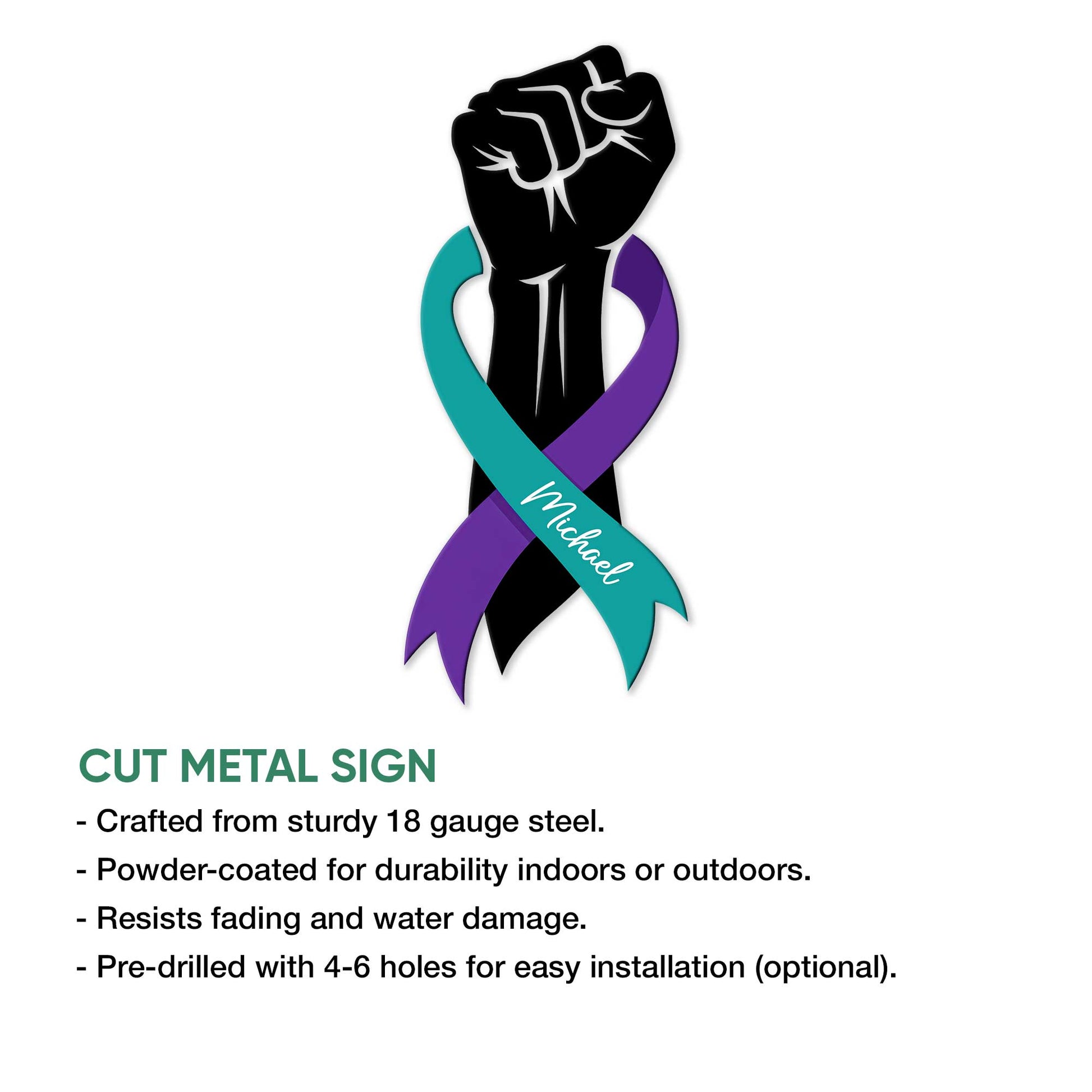 Suicide prevention awareness ribbon metal sign shown with cut metal sign feature details