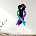 Suicide prevention awareness metal sign displayed on a light paneled wall in a calm home setting