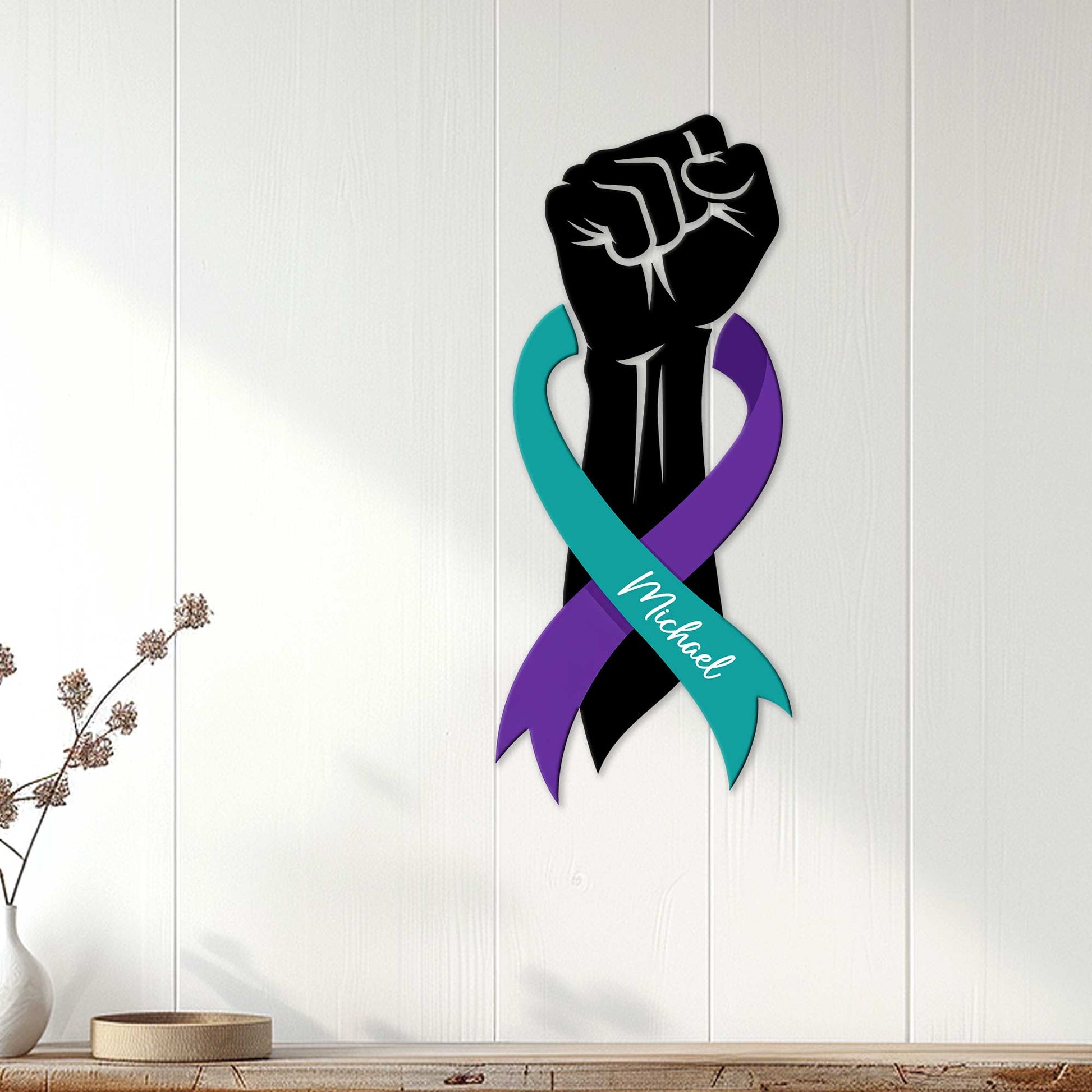 Suicide prevention awareness metal sign displayed on a light paneled wall in a calm home setting
