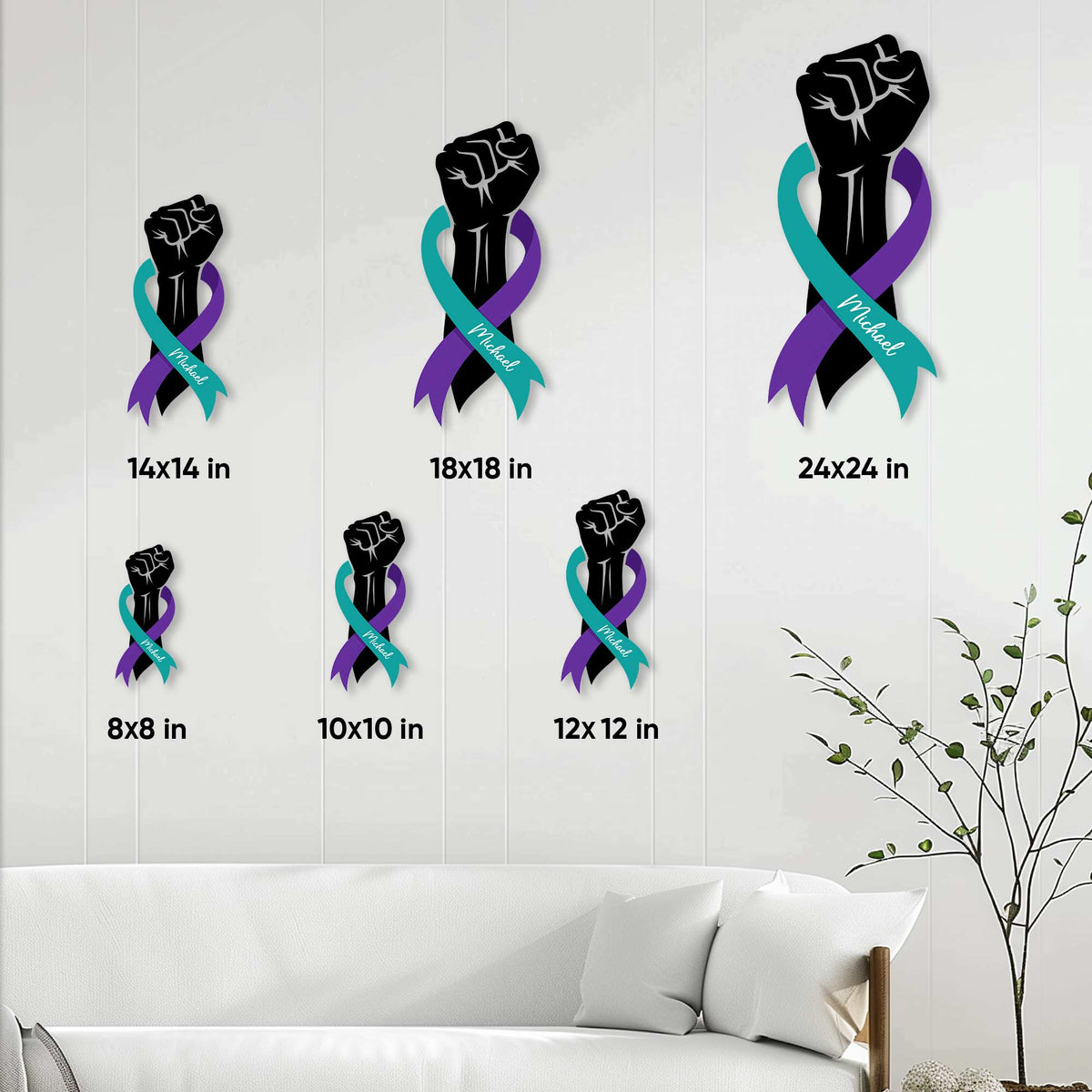 Suicide prevention awareness ribbon metal sign size guide showing options from 8 by 8 to 24 by 24 inches