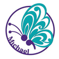 Close-up of a teal and purple butterfly design on a suicide prevention metal sign