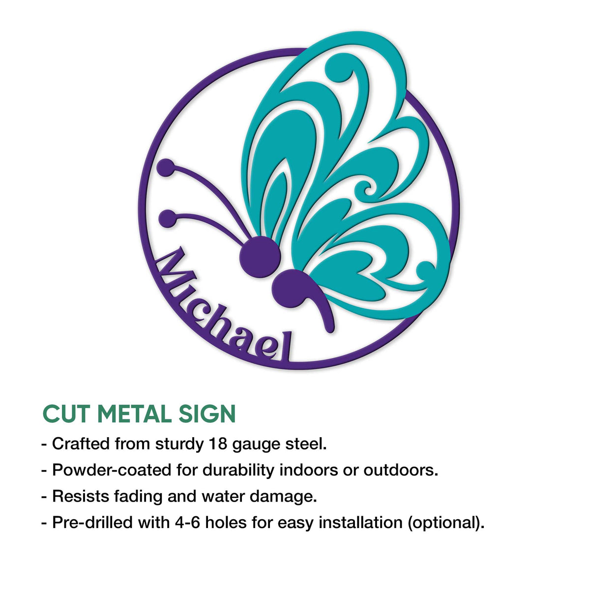 Butterfly suicide prevention metal sign shown with a cut-metal product feature infographic