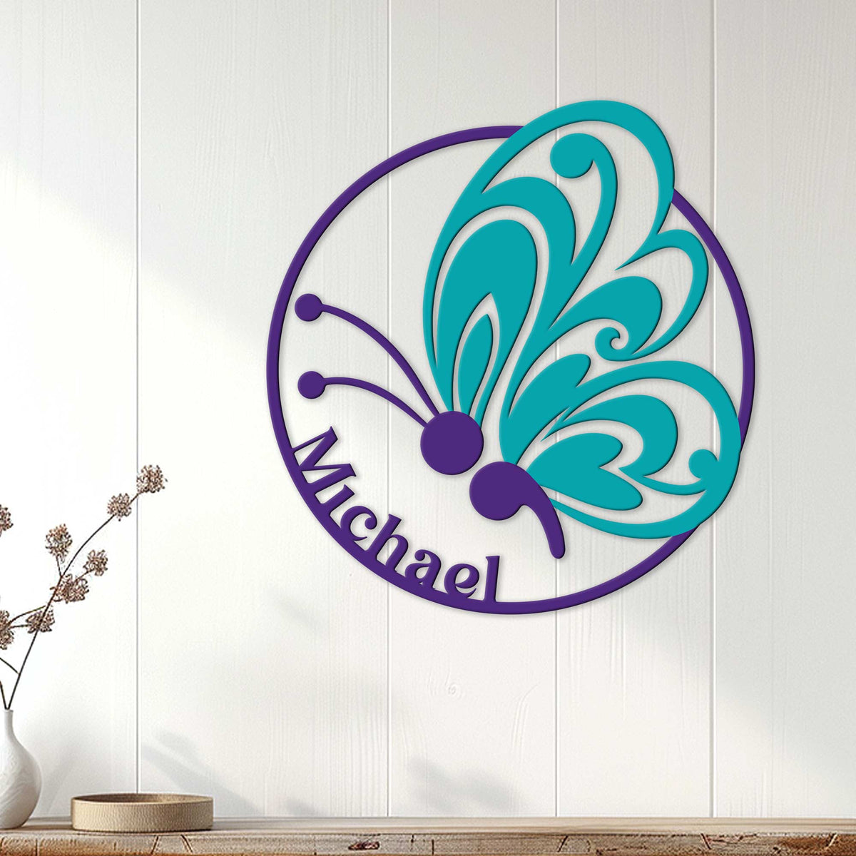 Teal and purple butterfly metal sign displayed as hopeful remembrance wall decor